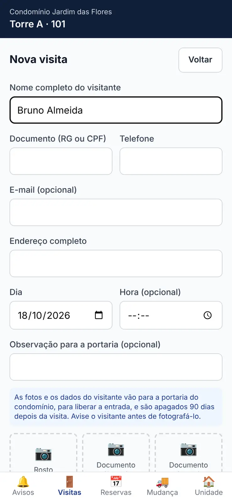 Morador cadastrando uma visita no aplicativo