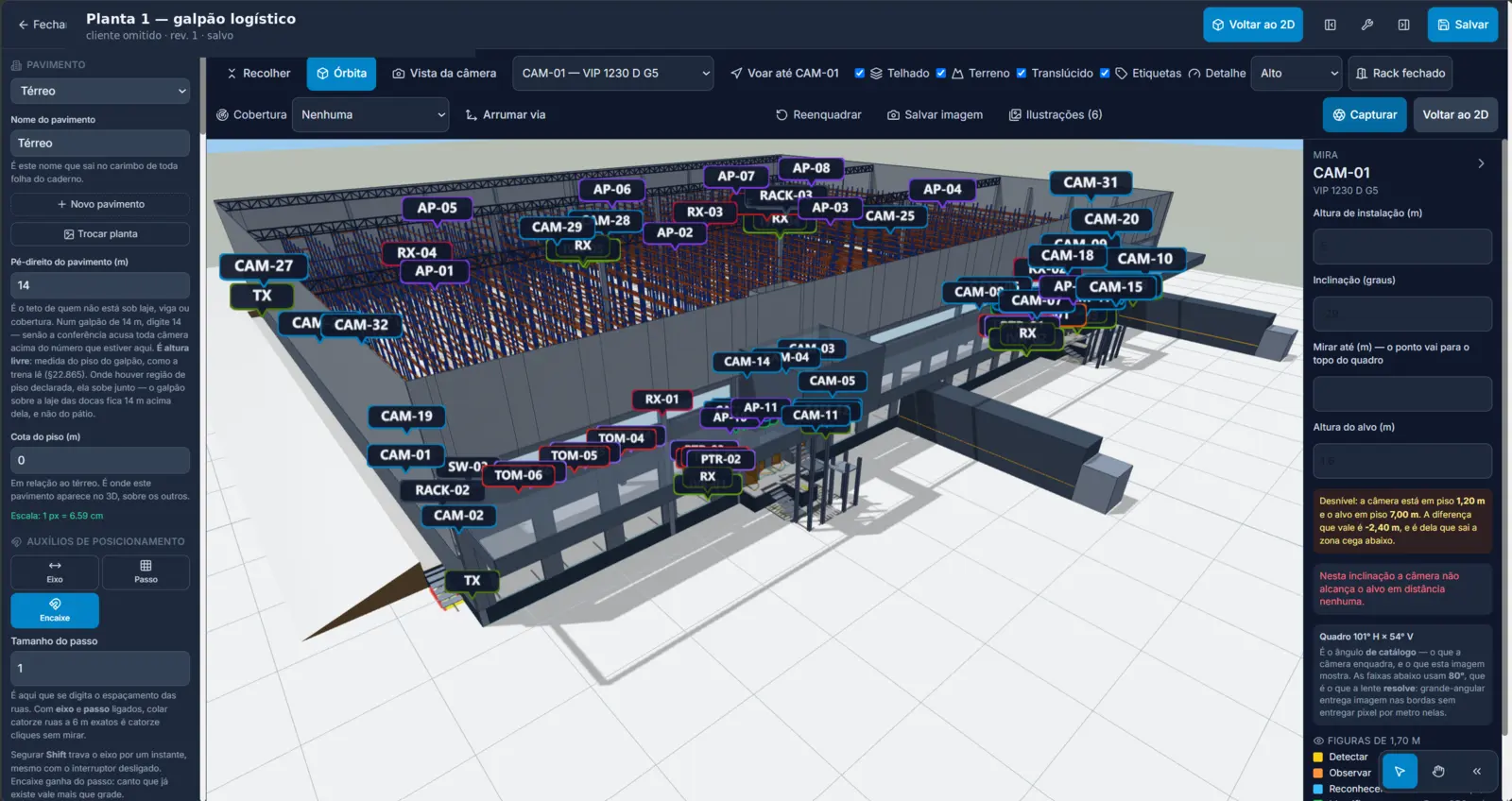 O mesmo galpão em 3D com cada equipamento etiquetado pelo código
