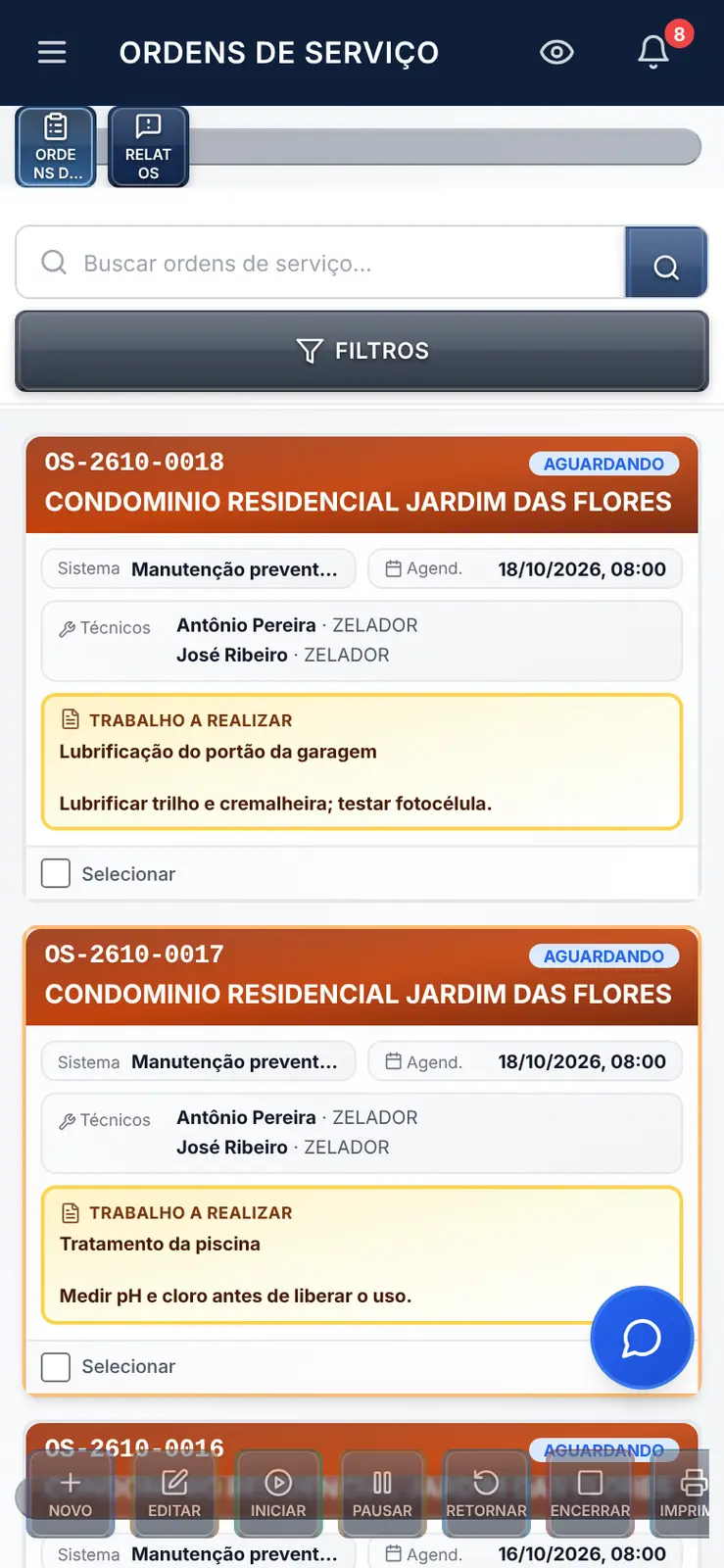 Ordem de serviço aberta no celular do técnico